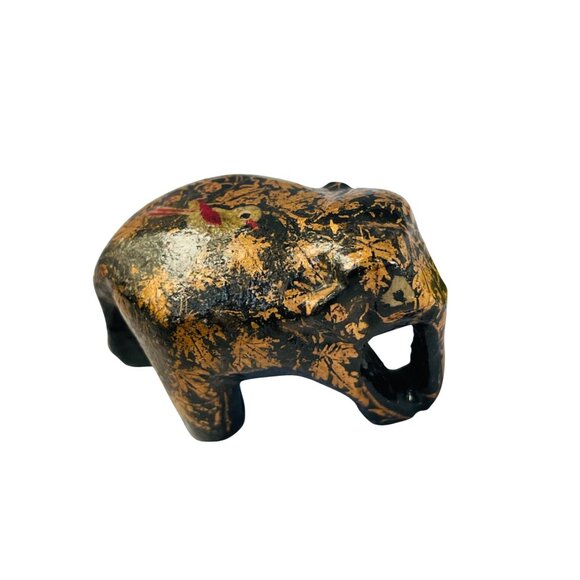 Handcrafted Elephant Figurine With Gold Leaf Pattern Bird Design 2" - Picture 6 of 6